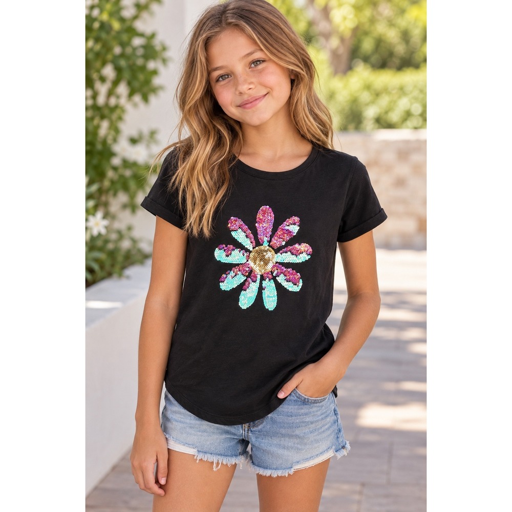 SO Girls Sequin Daisy T-Shirt Cotton Blend Black Short Sleeve Curved Hem Size 14